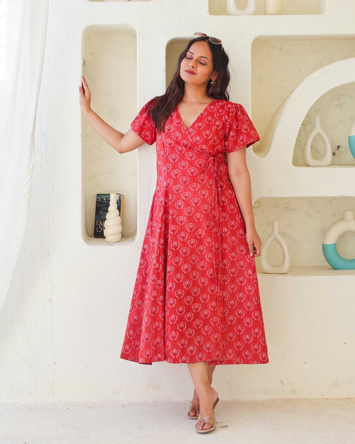 Eleanor Red Handblock Print Wrap Dress