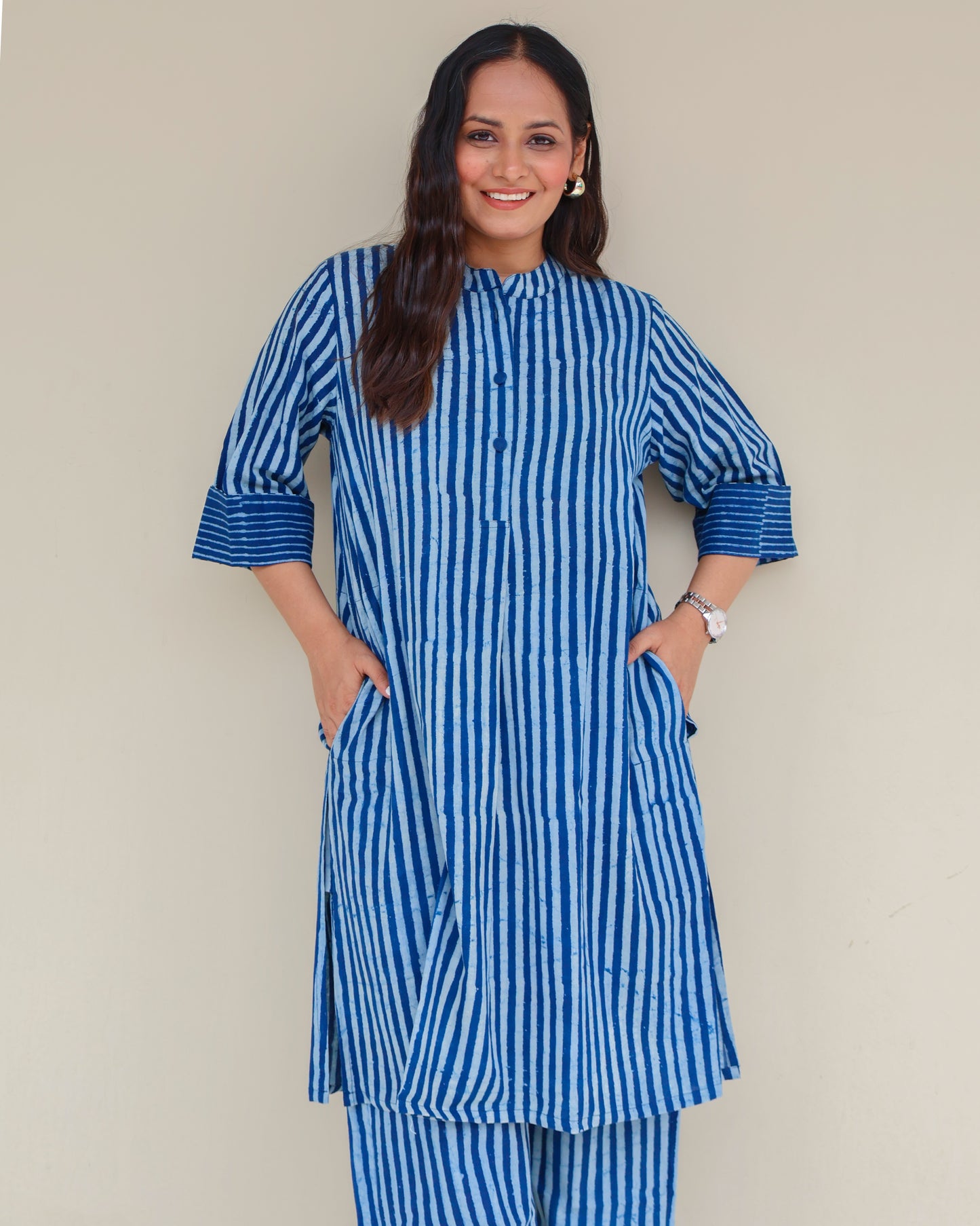 June Indigo Dabu HandBlock Stripes Print Cotton Kurta Set