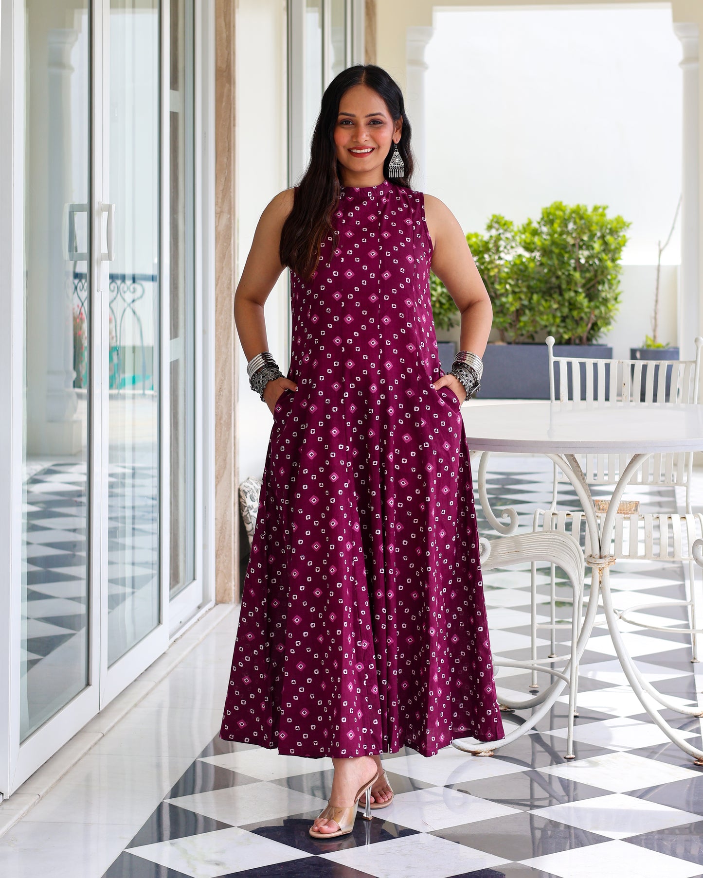 Aditi Purple Bandhani Print Cotton Maxi Dress