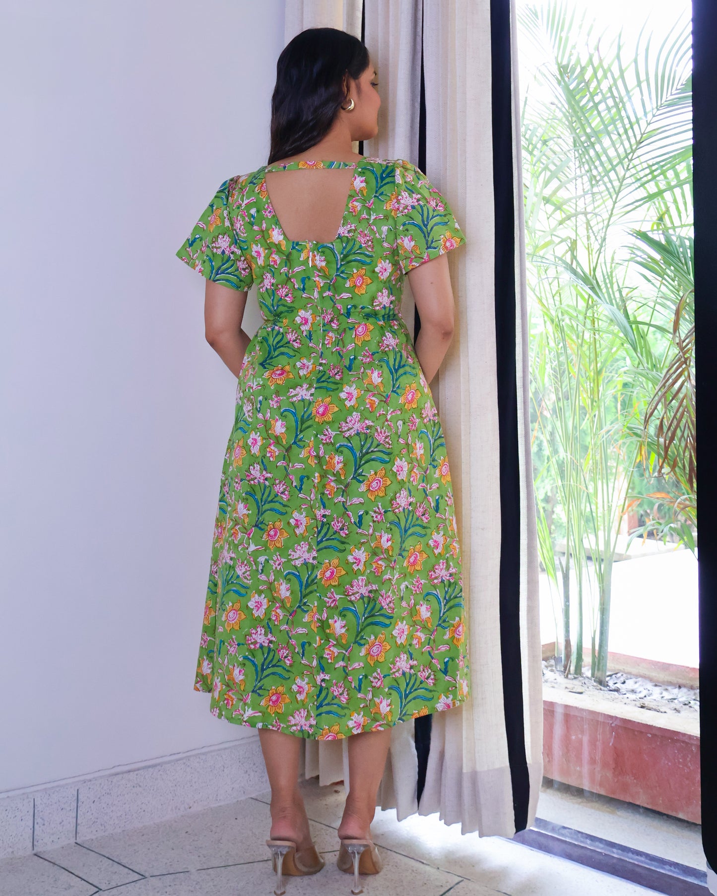 Emily Floral HandBlock Print Cotton Midi Dress