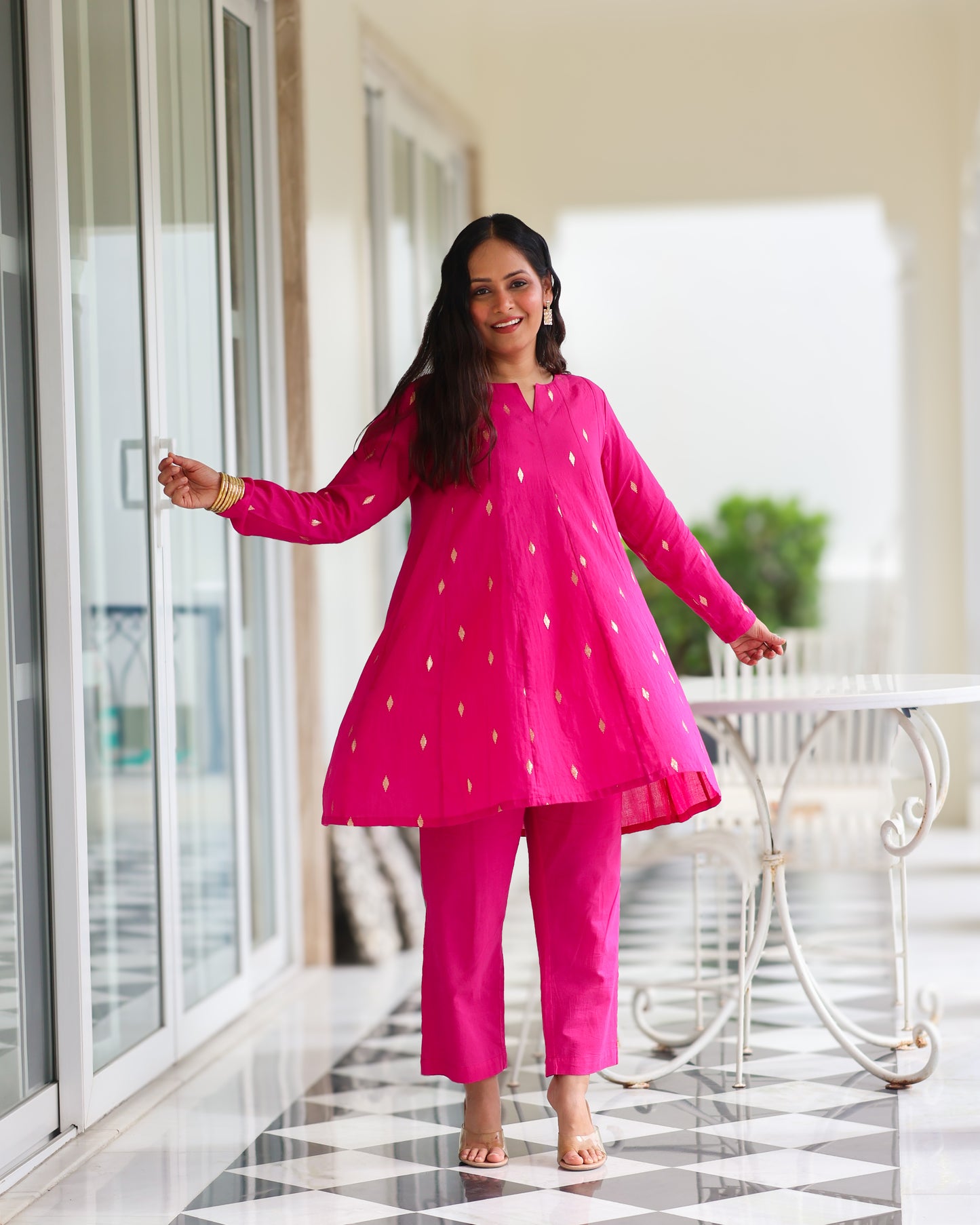 Rani Pink Cotton Lurex Short Kurta Set