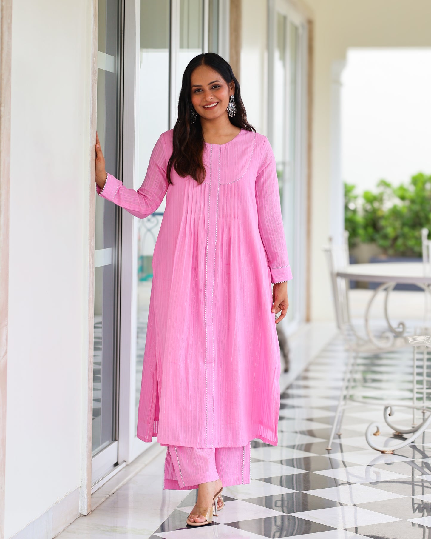 Harleen Pink Cotton Lurex Straight Kurta Set