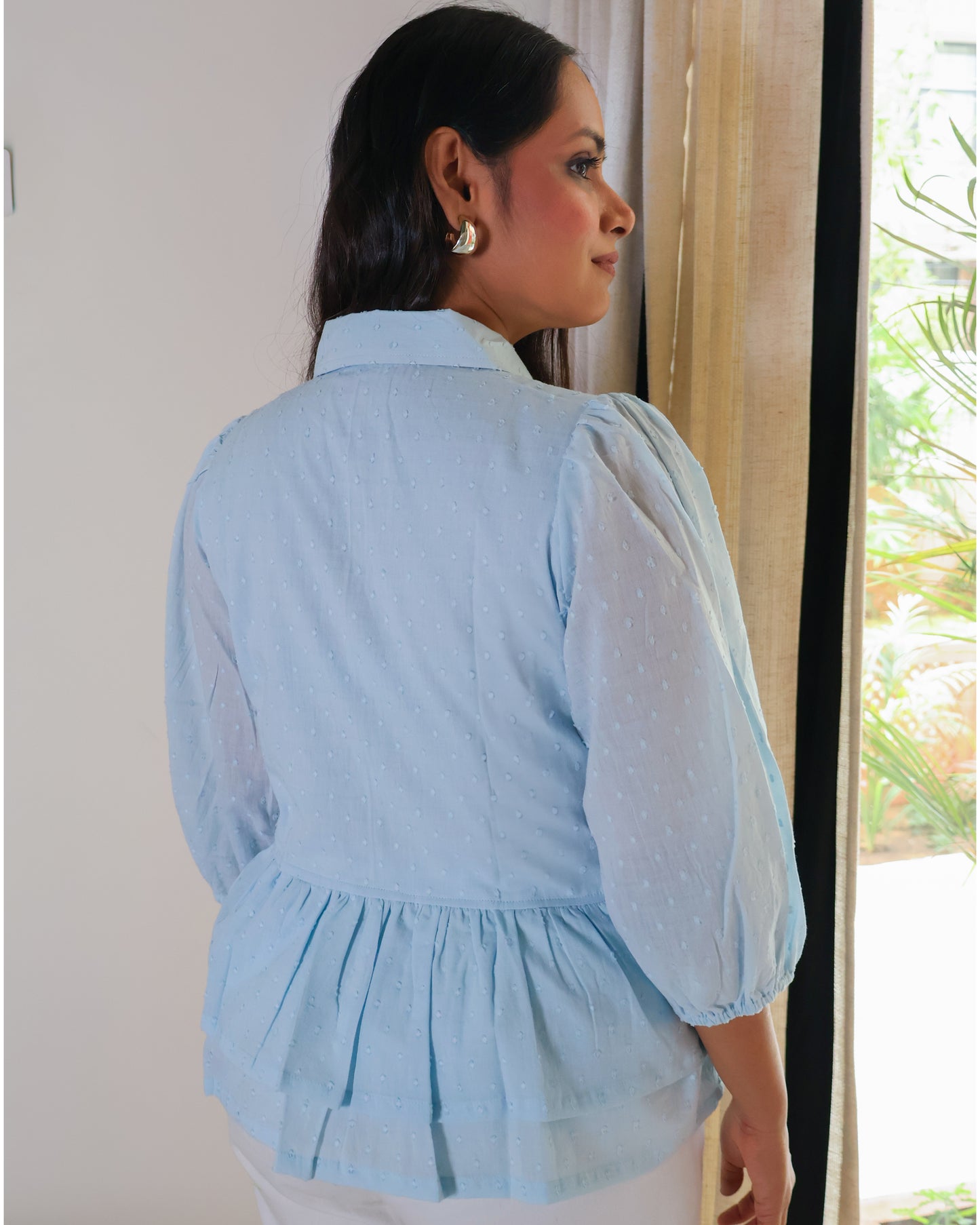 Angelina Collared Peplum Textured Cotton Top