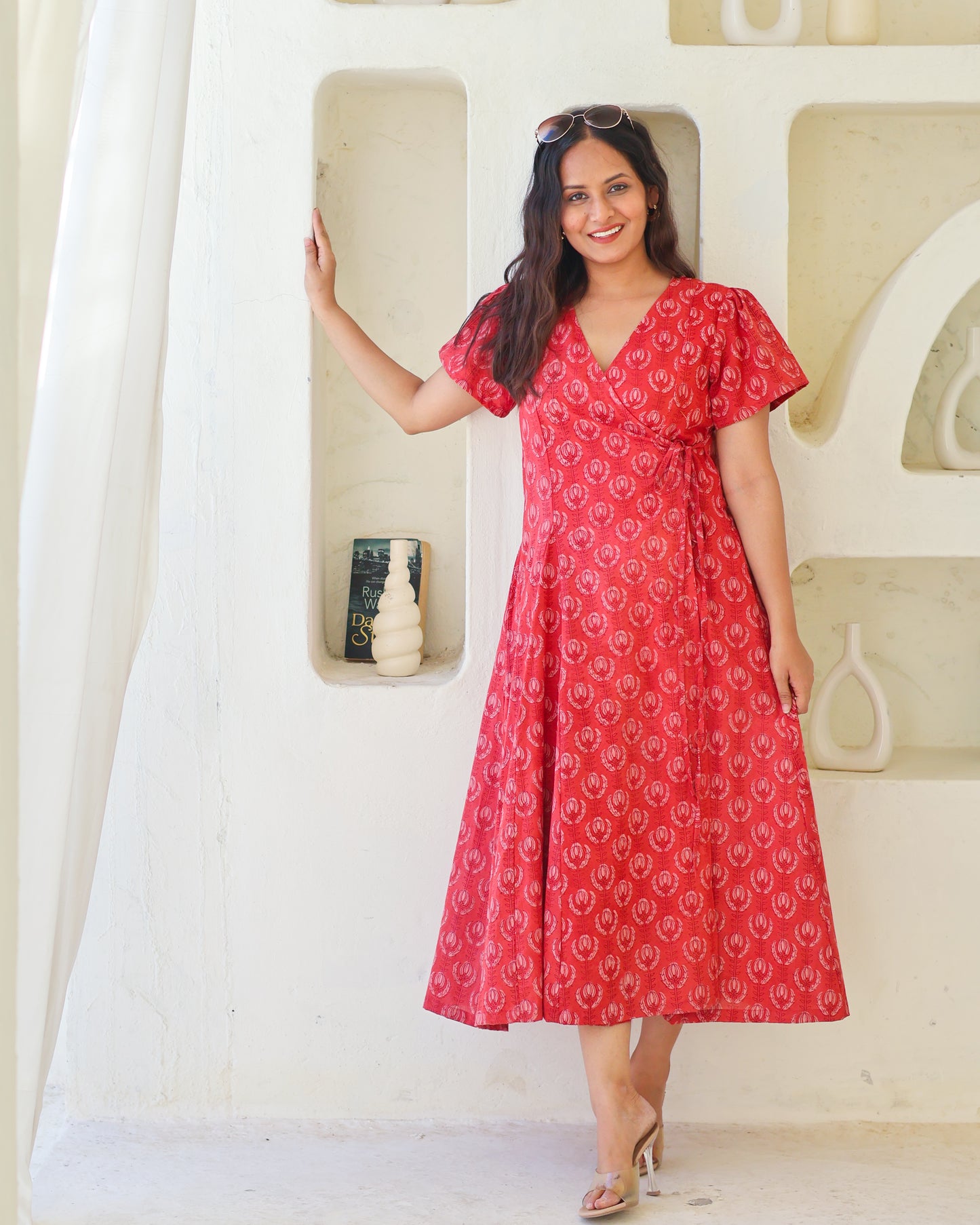Eleanor Red Handblock Print Wrap Dress