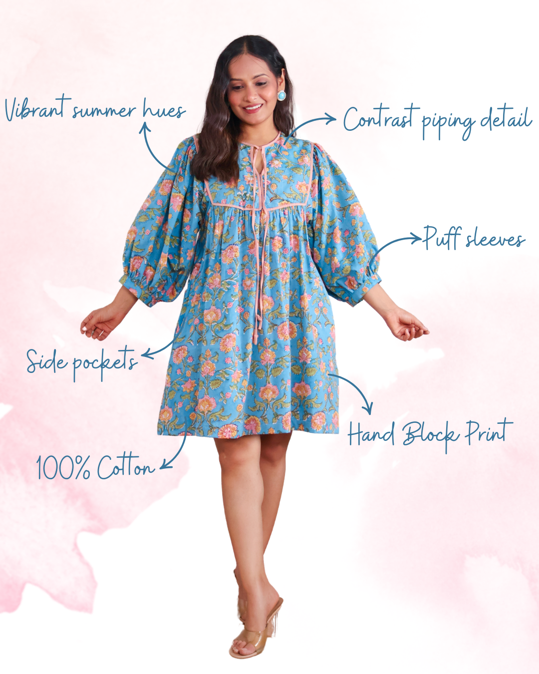 Katie Blue Puff Sleeves HandBlock Print Short Dress