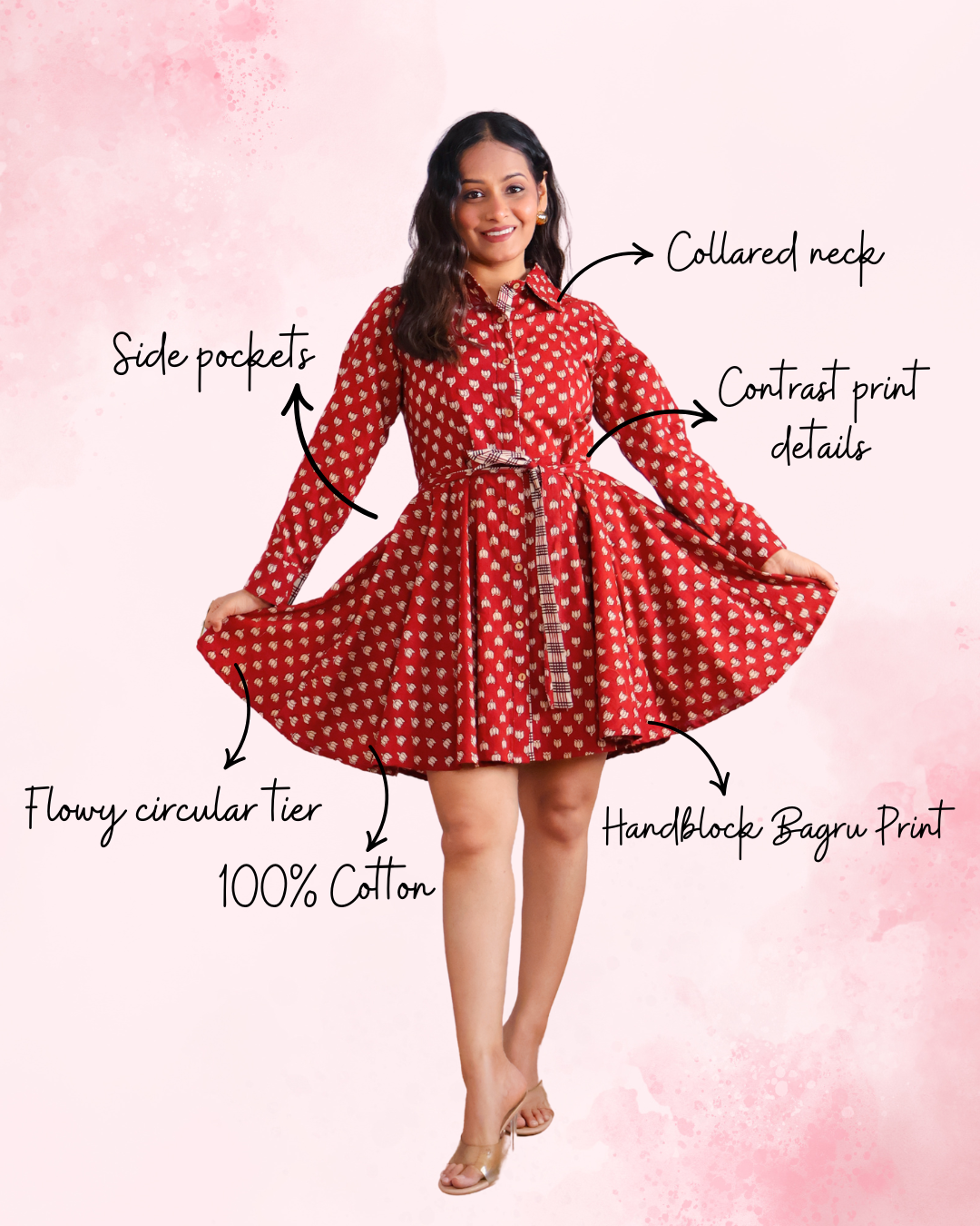 Tia Red Bagru HandBlock Print Circular Cut Short Dress