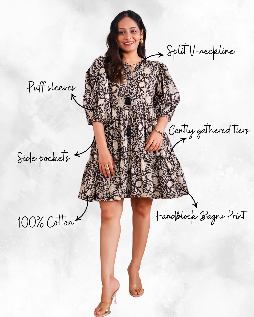 Vivian Black Puff Sleeves HandBlock Print Cotton Short Dress
