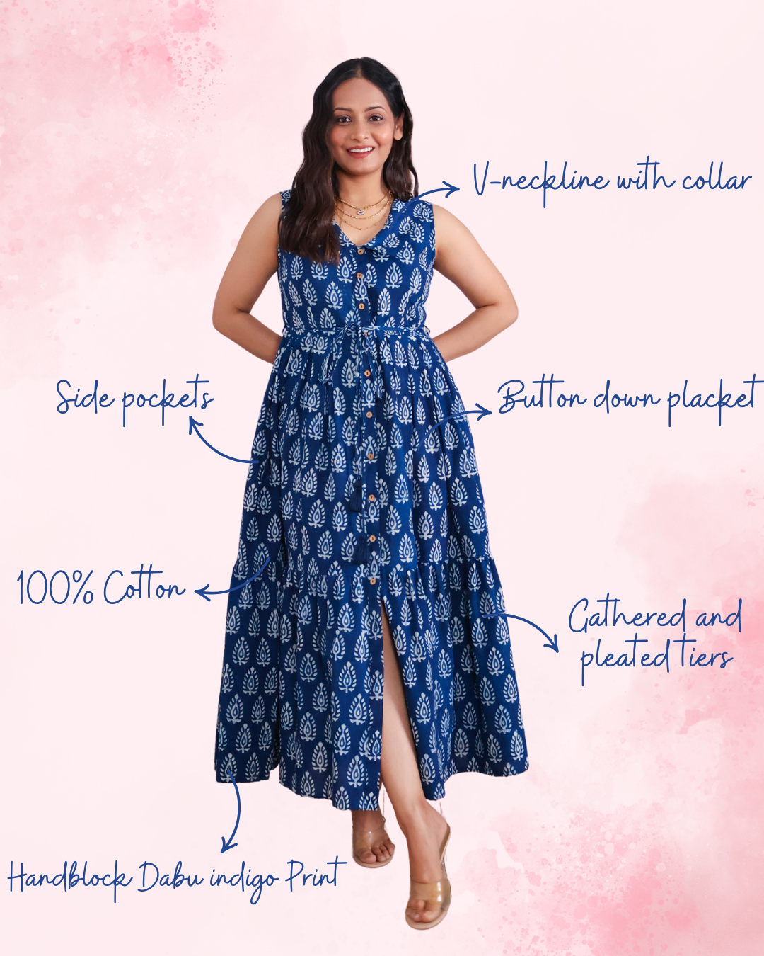 Zoey Indigo HandBlock Dabu Print Tiered Midi Dress