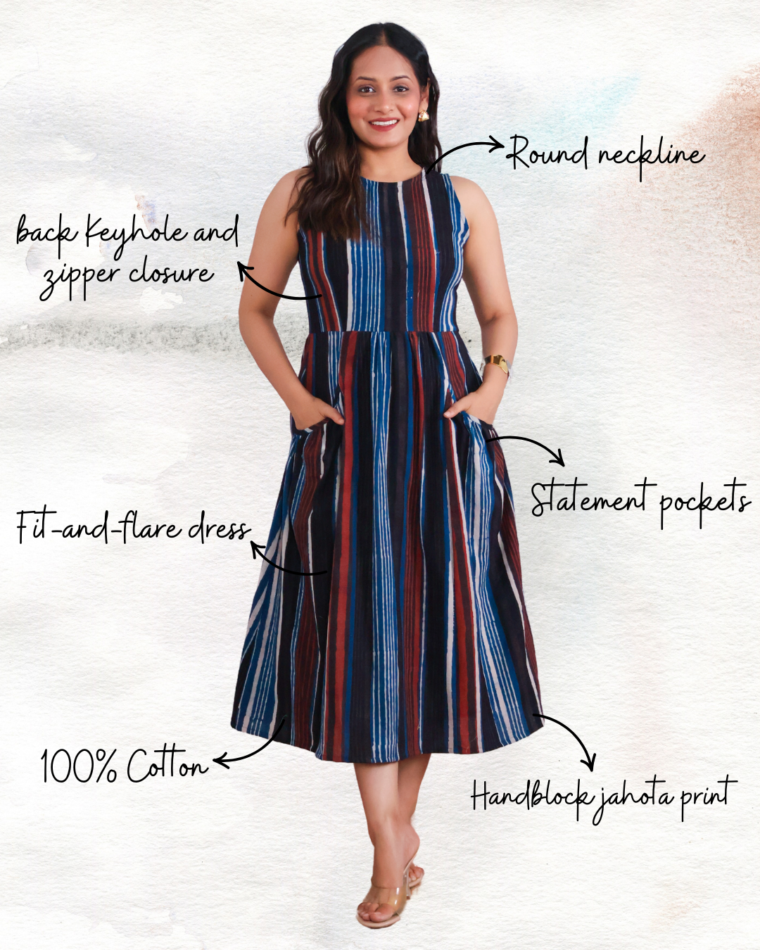 Megan Striped Jahota HandBlock Print Midi Dress