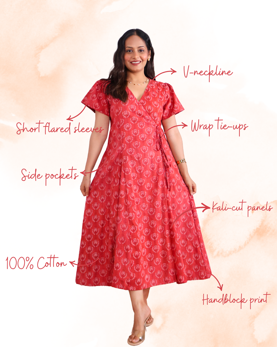 Eleanor Red Handblock Print Wrap Dress