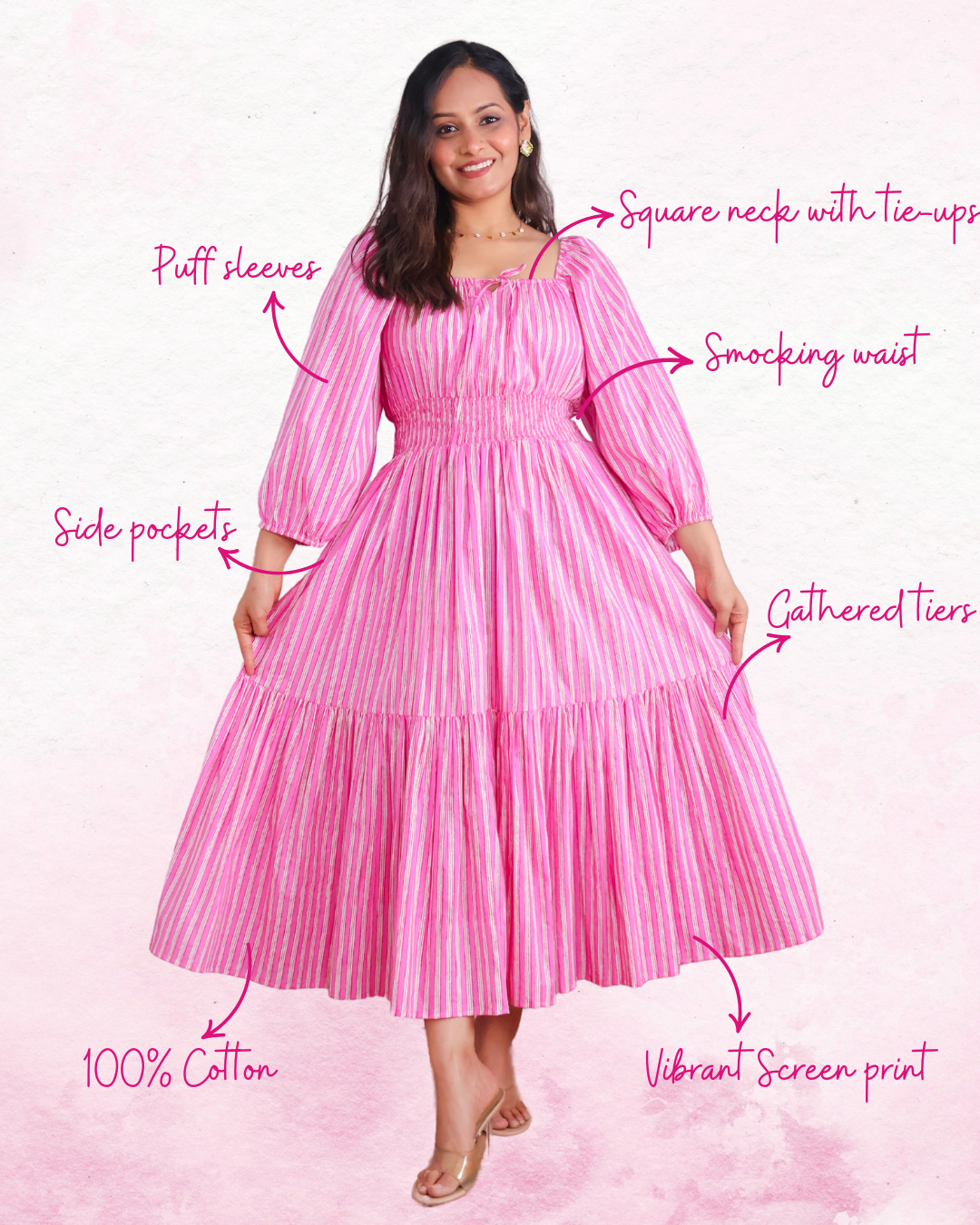 Sydney Pink Striped Cotton Tiered Midi Dress