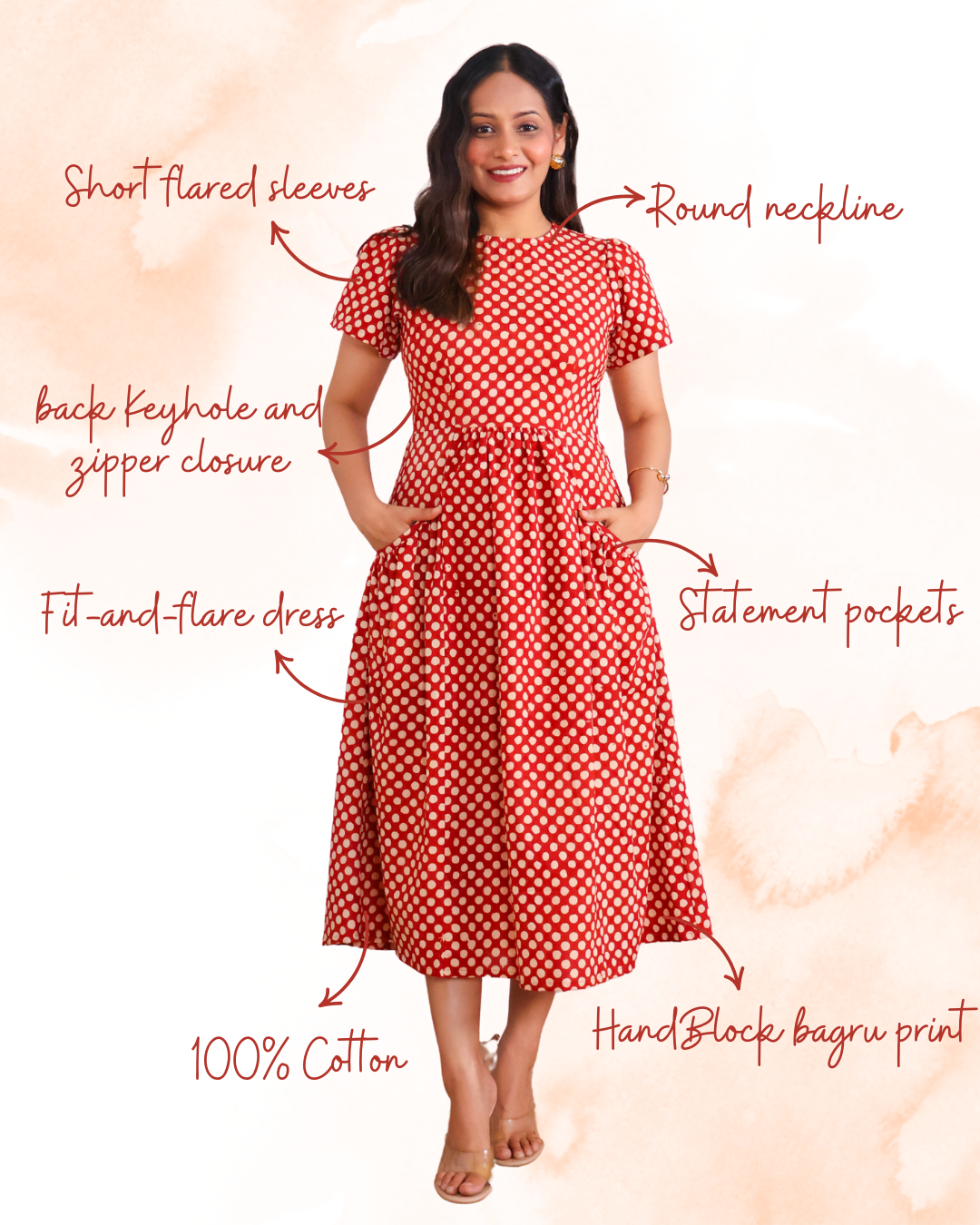 Sarah Red Polka Bagru HandBlock Print Midi Dress