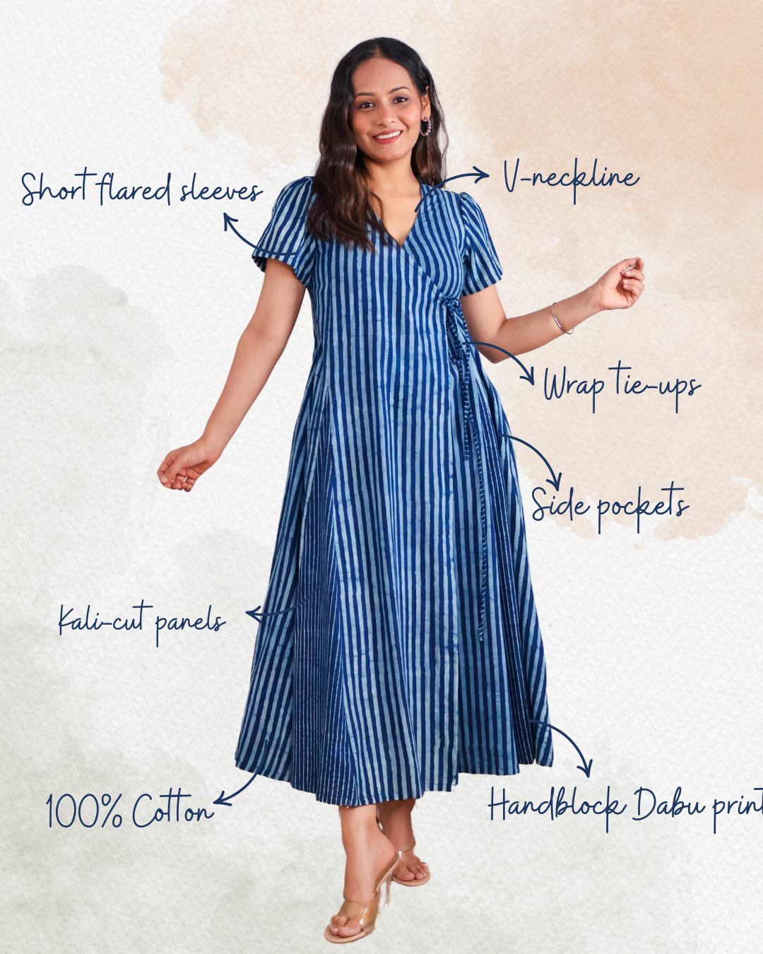 June Indigo HandBlock Dabu Stripes Print Cotton Wrap Dress