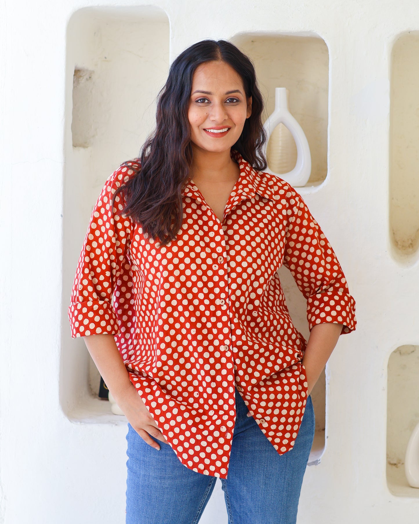 Sarah Red Polka HandBlock Bagru Print Cotton Shirt