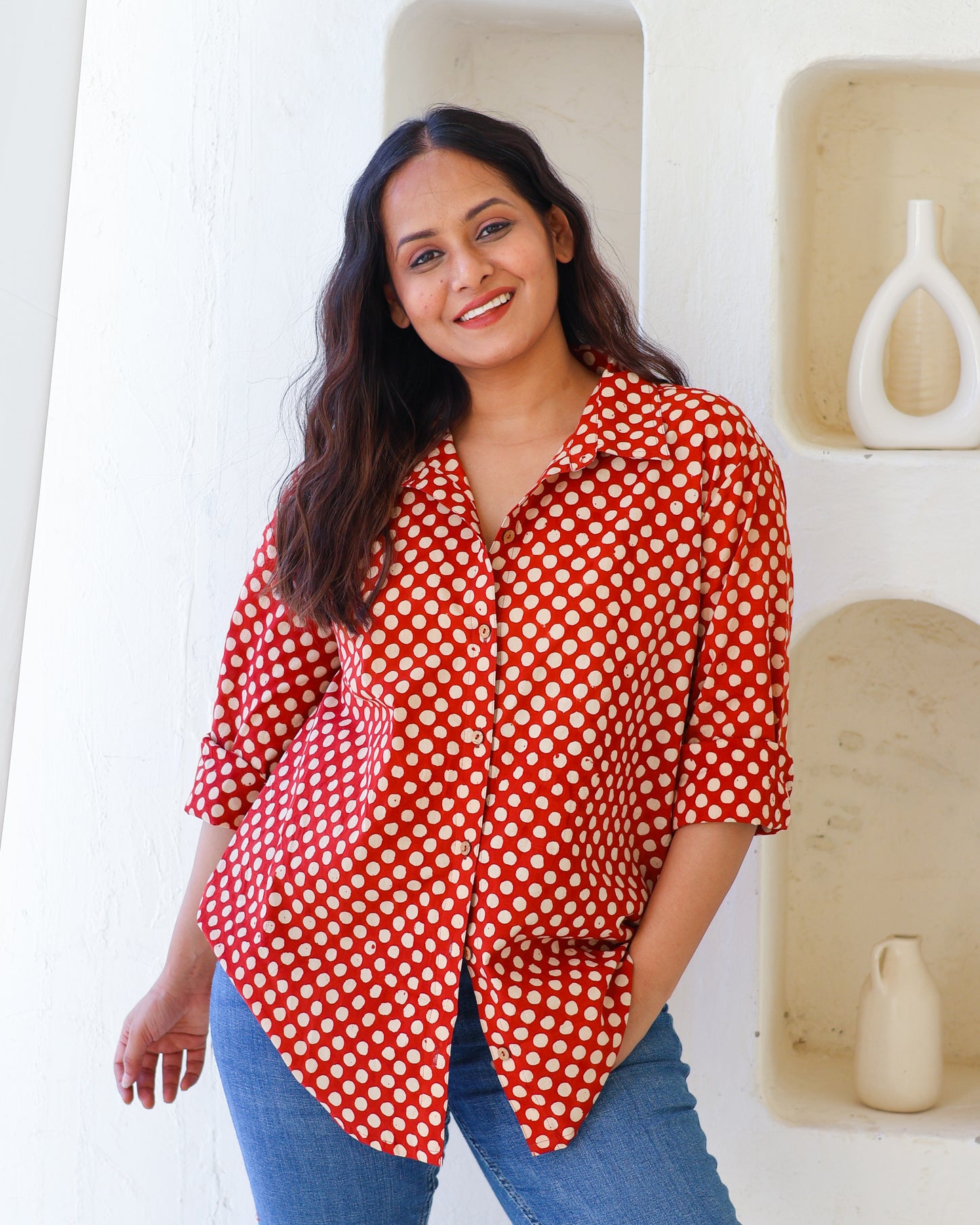 Sarah Red Polka HandBlock Bagru Print Cotton Shirt