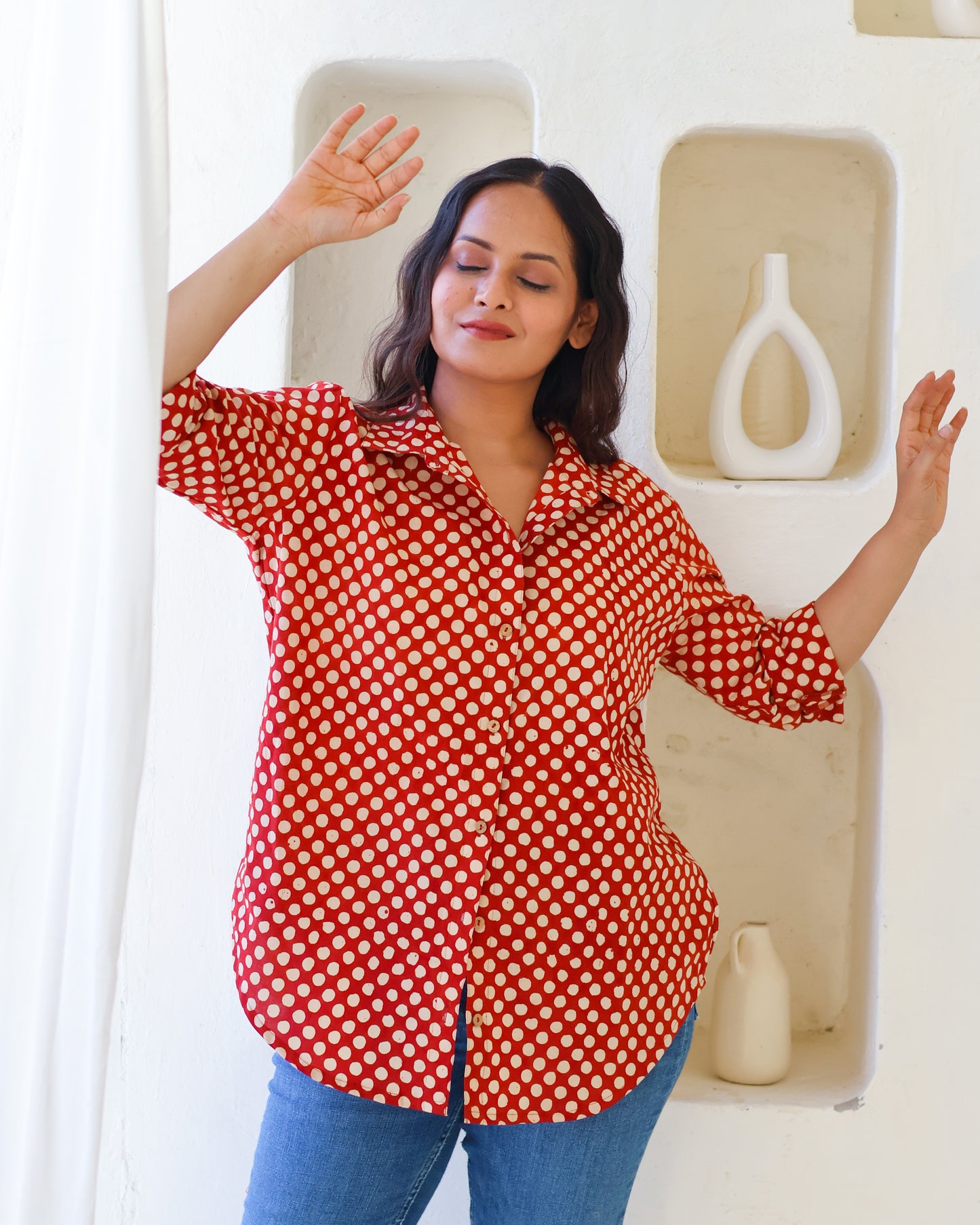 Sarah Red Polka HandBlock Bagru Print Cotton Shirt