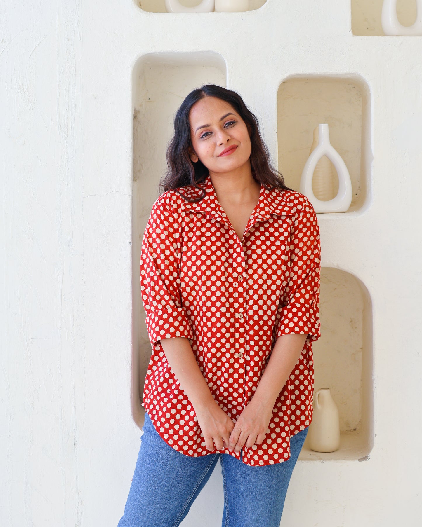 Sarah Red Polka HandBlock Bagru Print Cotton Shirt