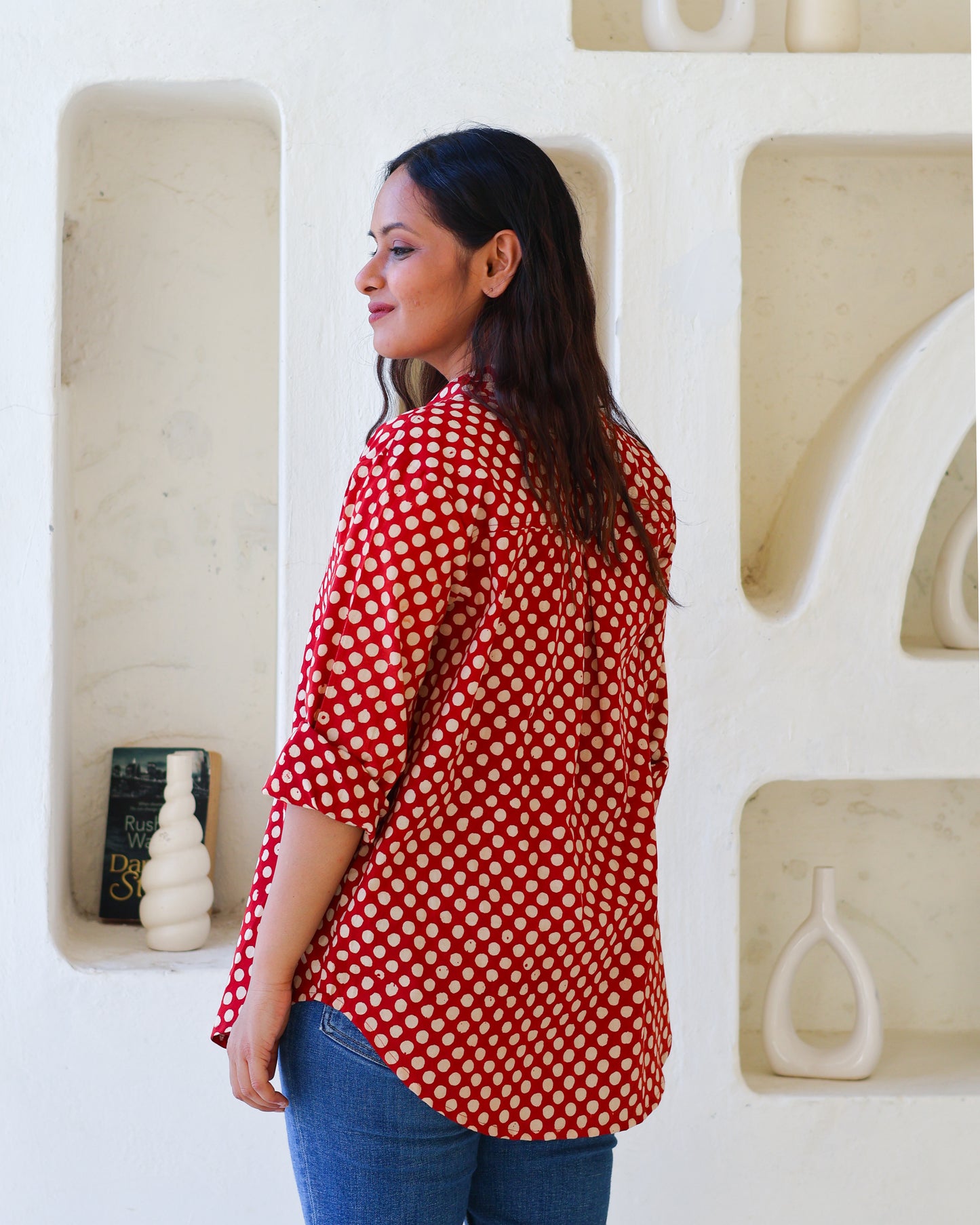 Sarah Red Polka HandBlock Bagru Print Cotton Shirt
