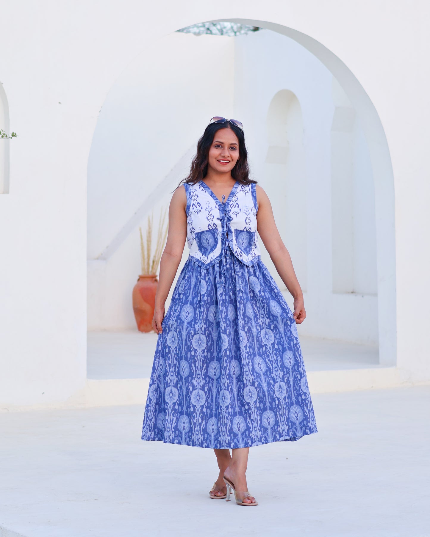 Kara Blue Cotton Vest Skirt Set