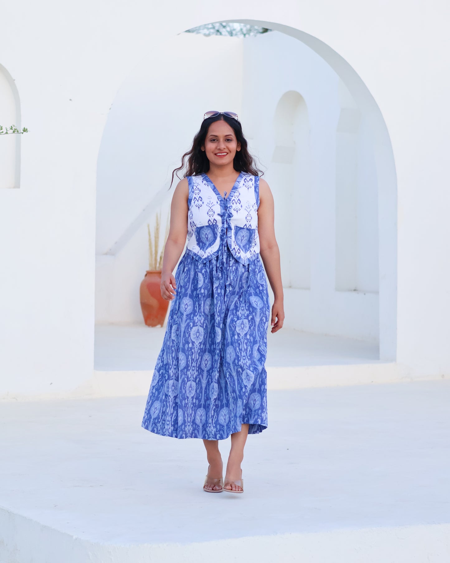 Kara Blue Cotton Vest Skirt Set