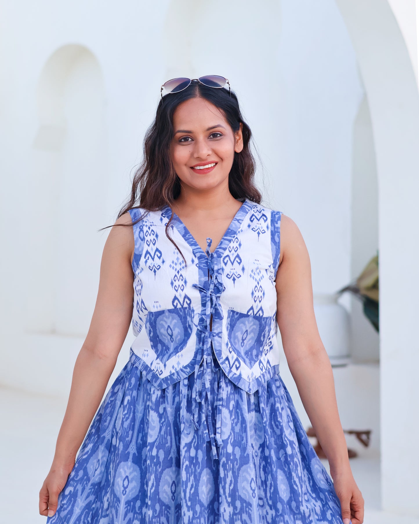 Kara Blue Cotton Vest Skirt Set