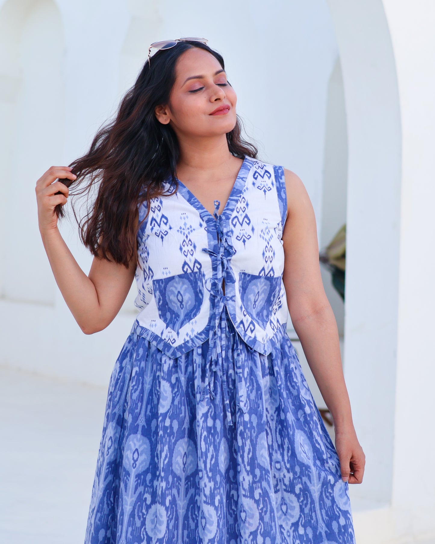 Kara Blue Cotton Vest Skirt Set