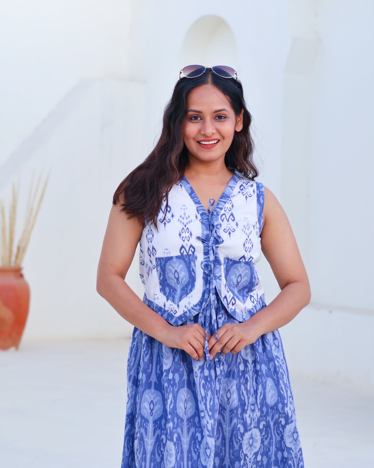 Kara Blue Cotton Vest Skirt Set