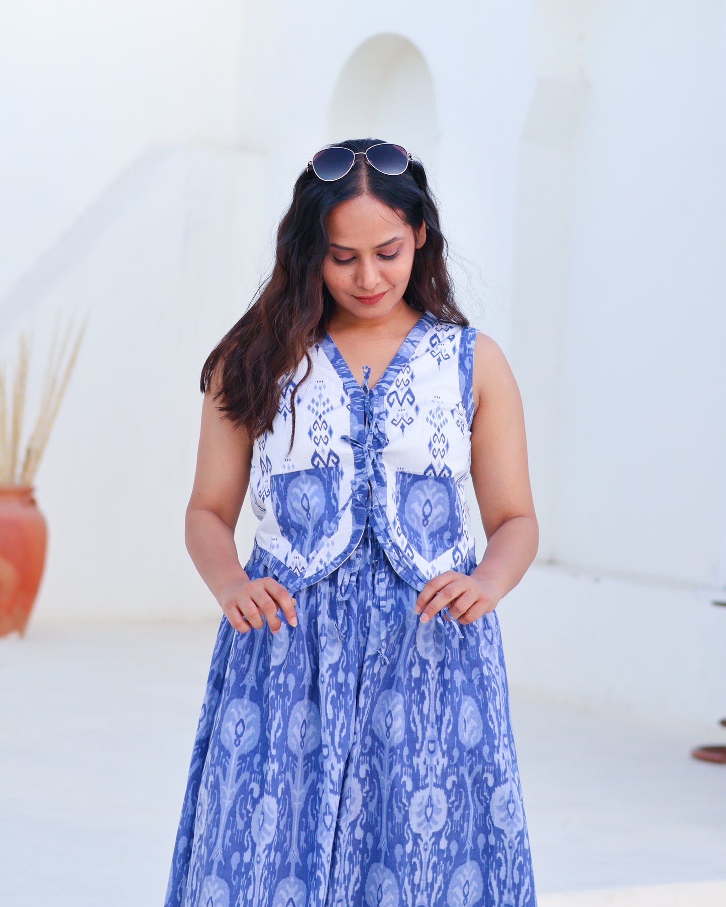 Kara Blue Cotton Vest Skirt Set