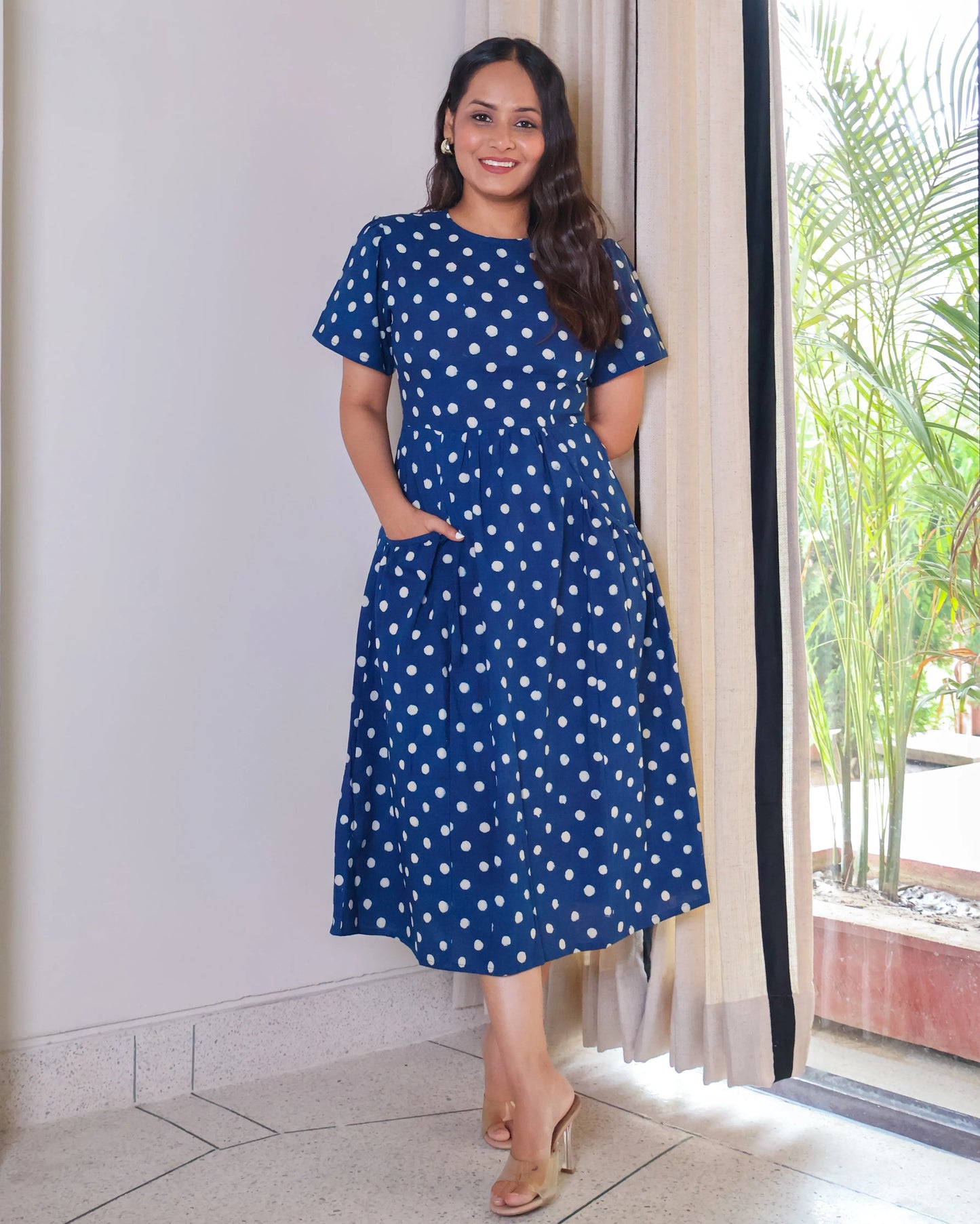 Stella Indigo Handblock Print Cotton Midi Dress