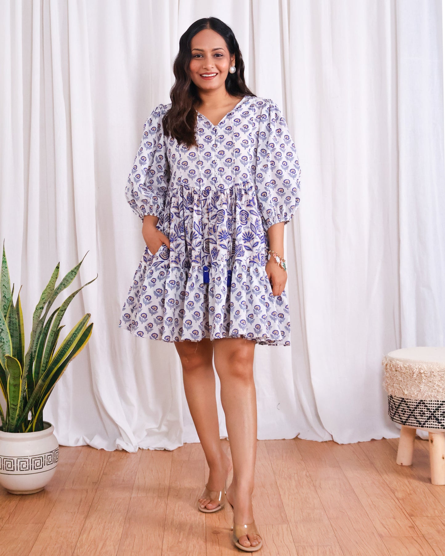 Tessa Puff Sleeves HandBlock Print Cotton Short Dress