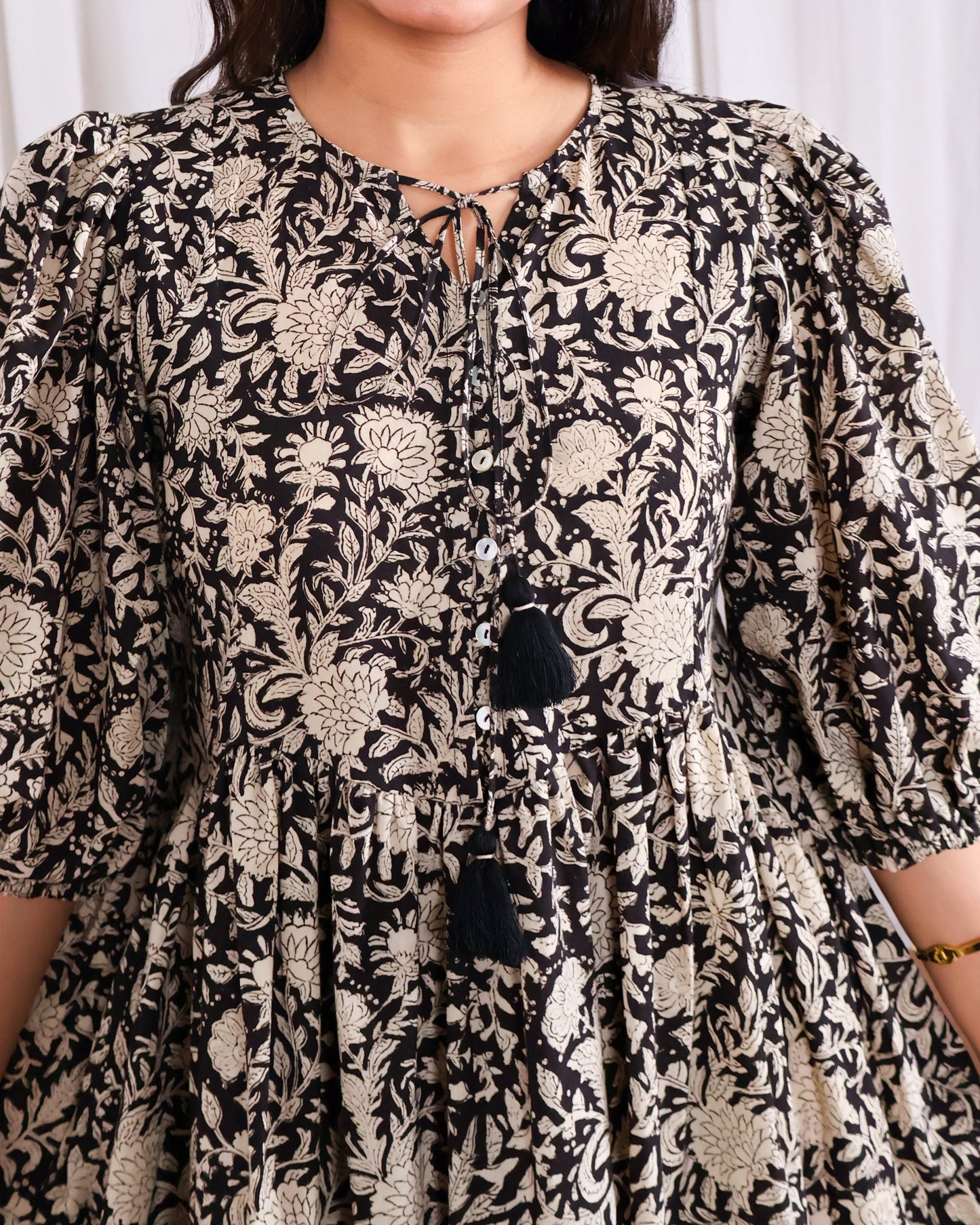 Vivian Black Puff Sleeves HandBlock Print Cotton Short Dress