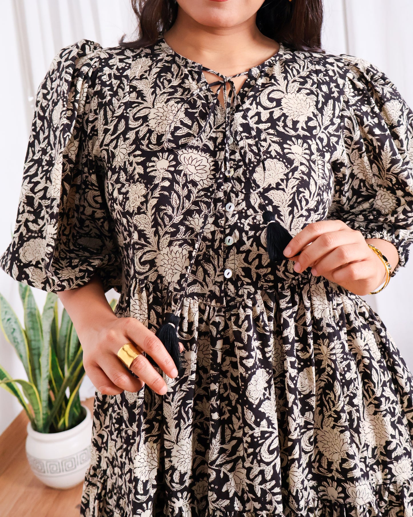 Vivian Black Puff Sleeves HandBlock Print Cotton Short Dress