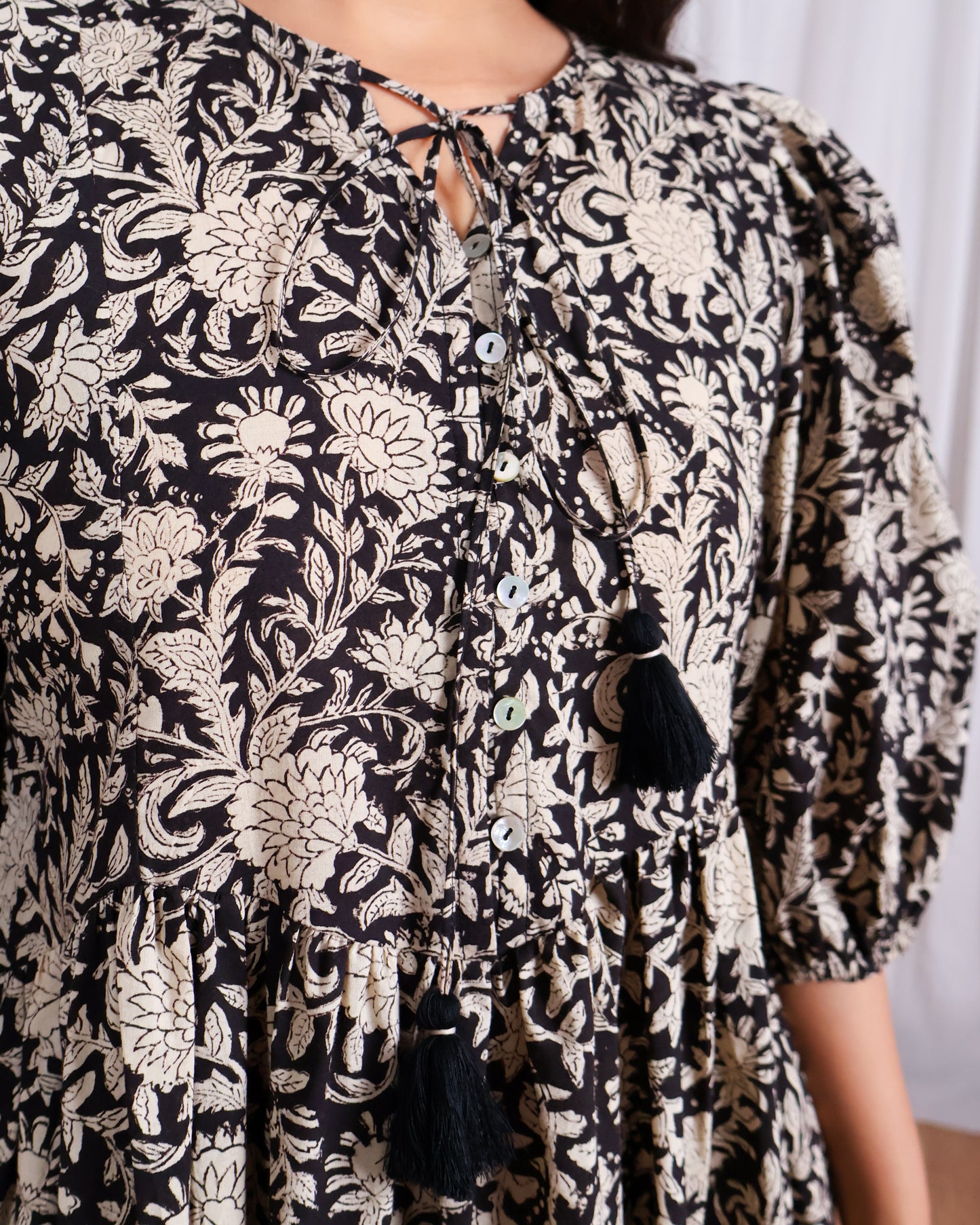 Vivian Black Puff Sleeves HandBlock Print Cotton Short Dress
