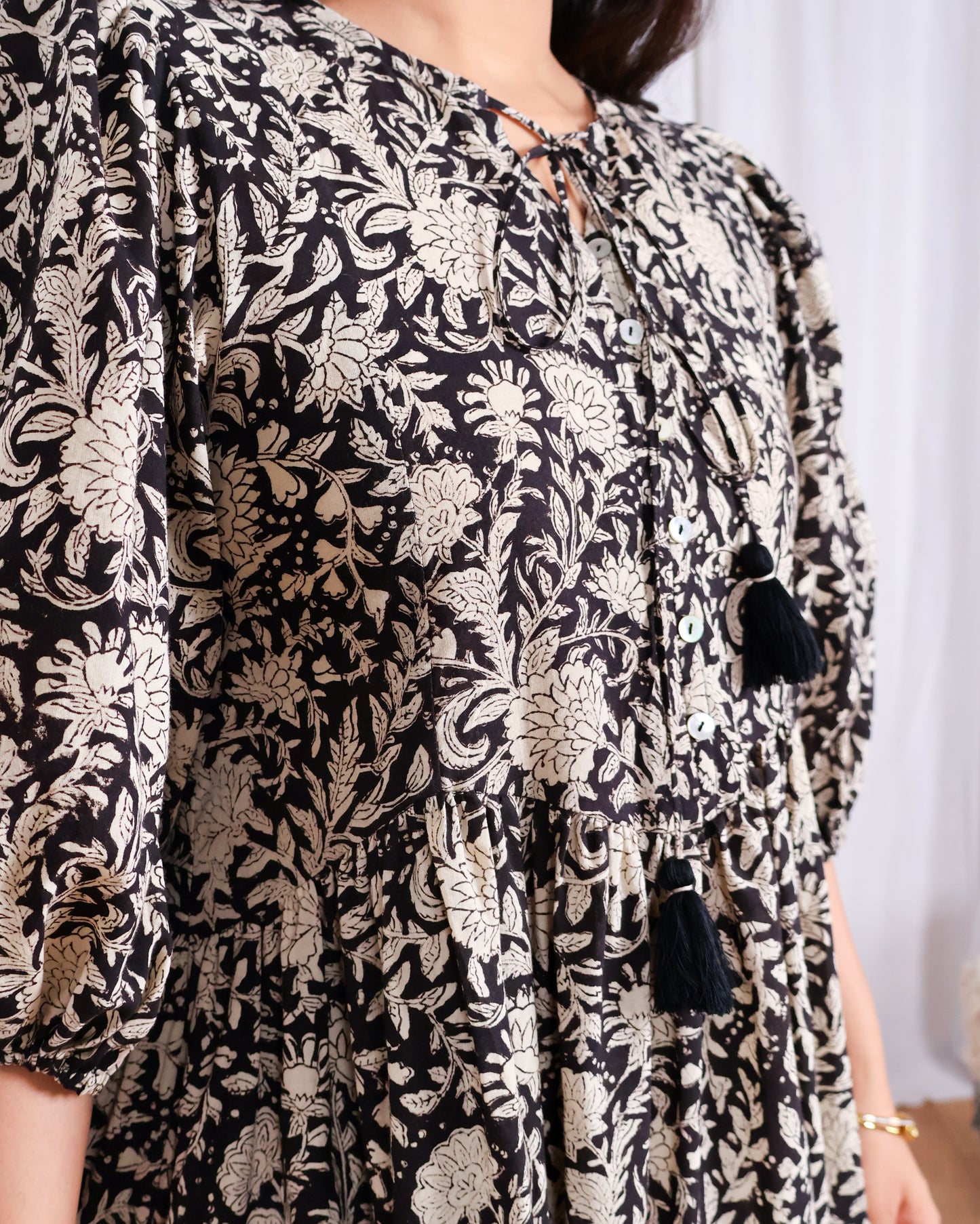 Vivian Black Puff Sleeves HandBlock Print Cotton Short Dress
