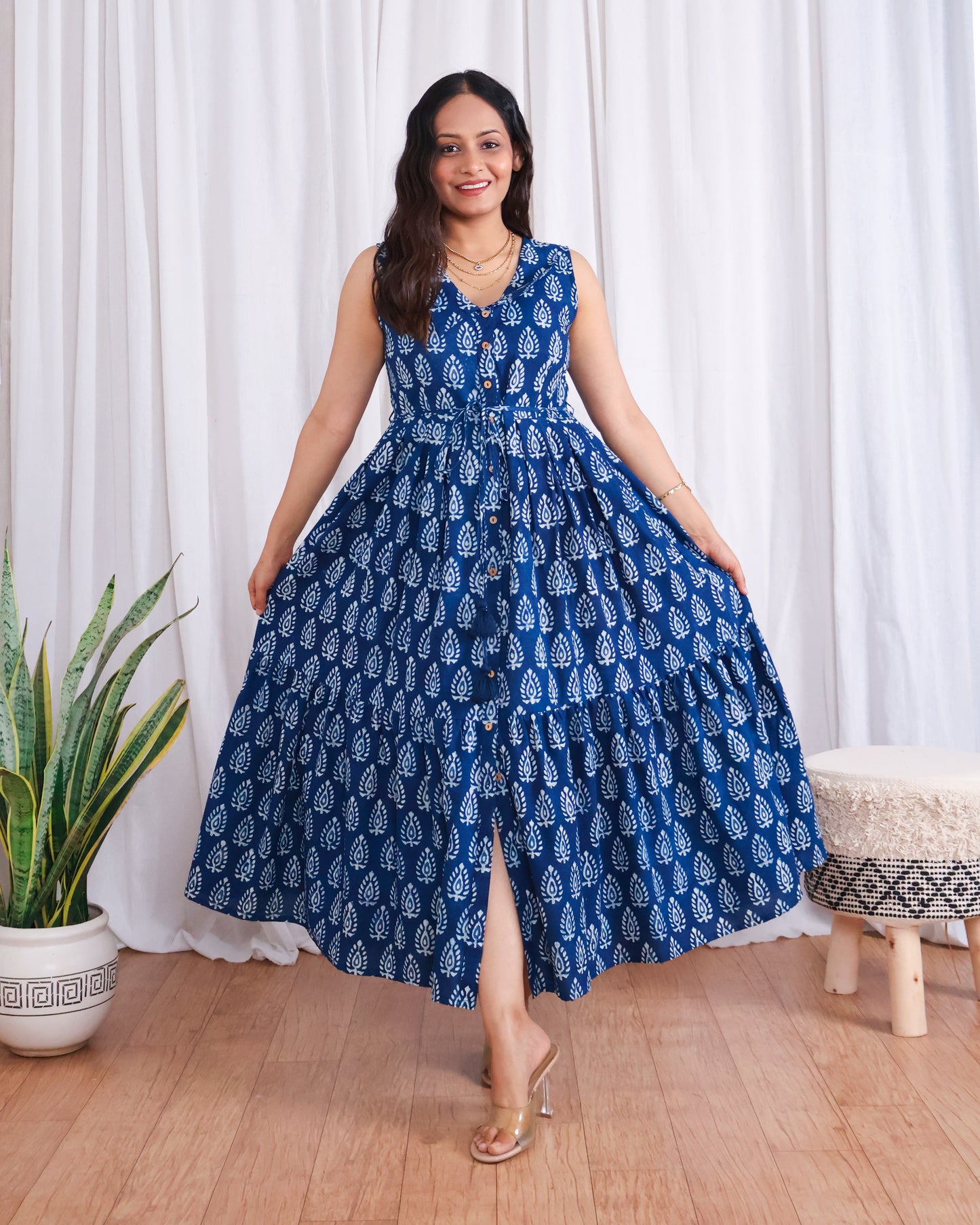 Zoey Indigo HandBlock Dabu Print Tiered Midi Dress