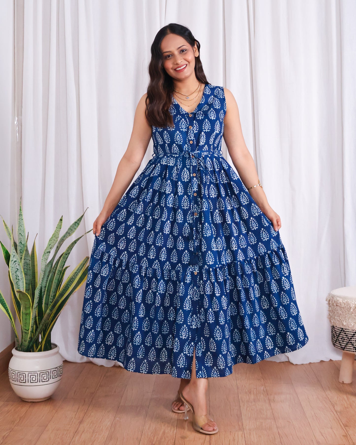 Zoey Indigo HandBlock Dabu Print Tiered Midi Dress