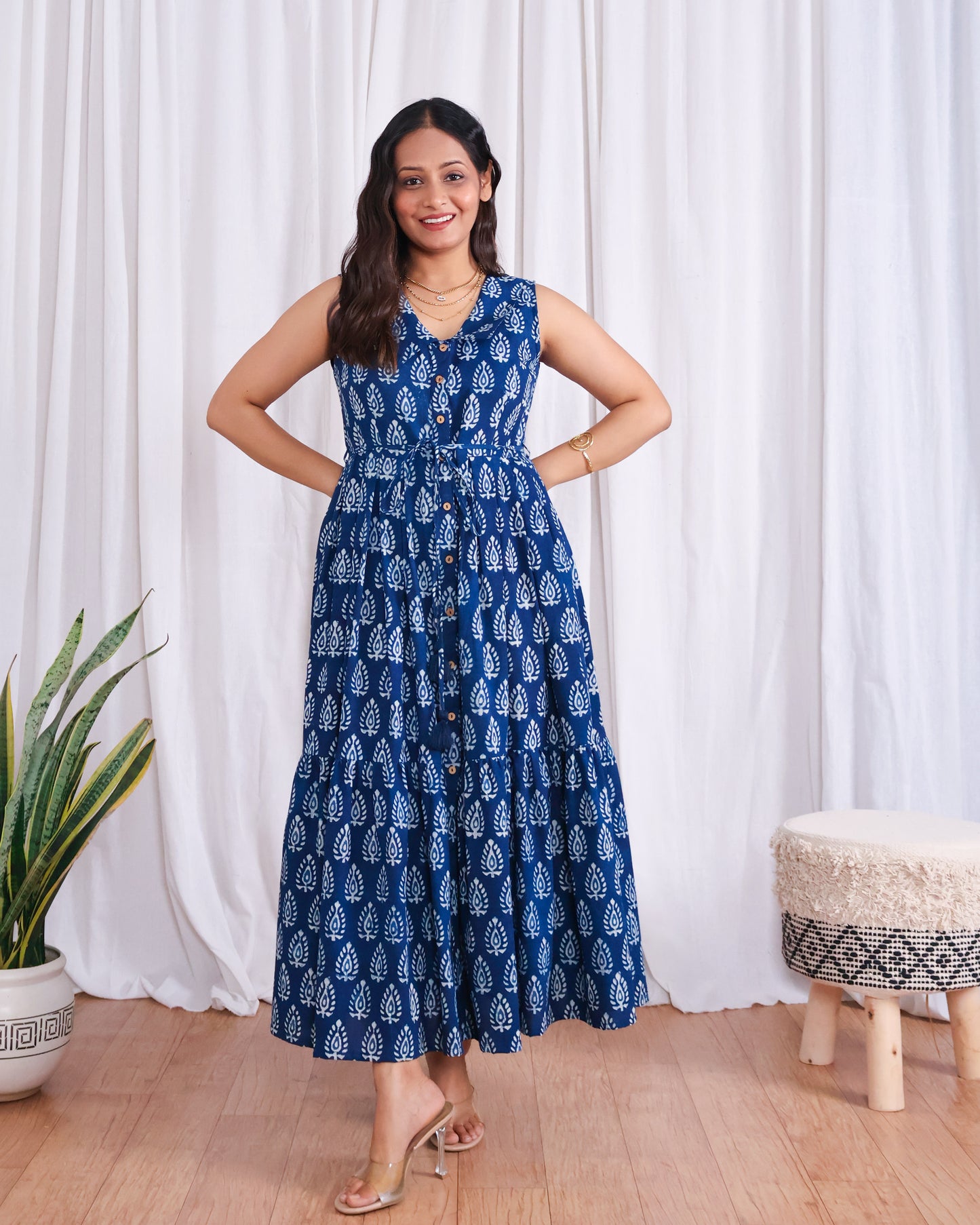 Zoey Indigo HandBlock Dabu Print Tiered Midi Dress