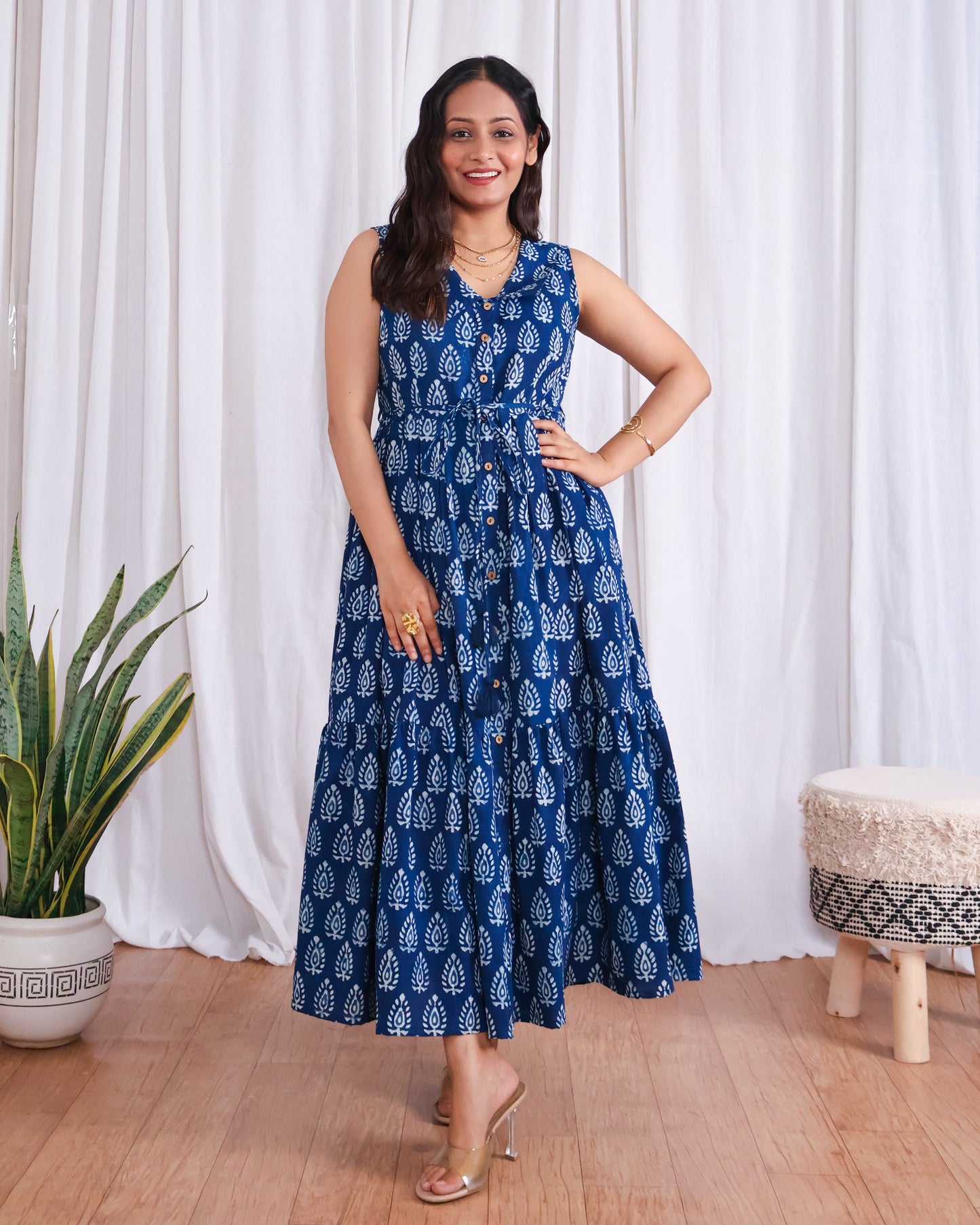 Zoey Indigo HandBlock Dabu Print Tiered Midi Dress