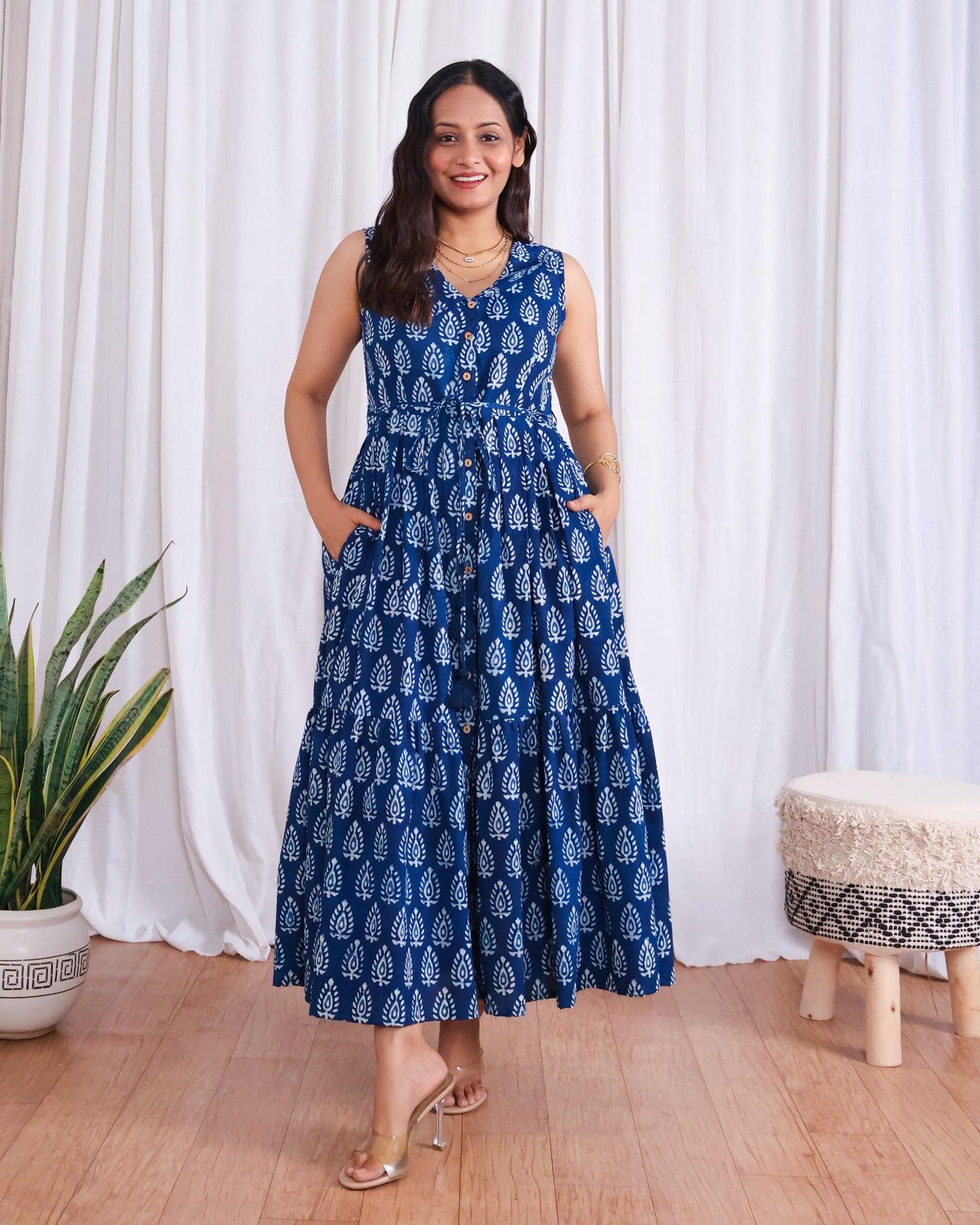 Zoey Indigo HandBlock Dabu Print Tiered Midi Dress