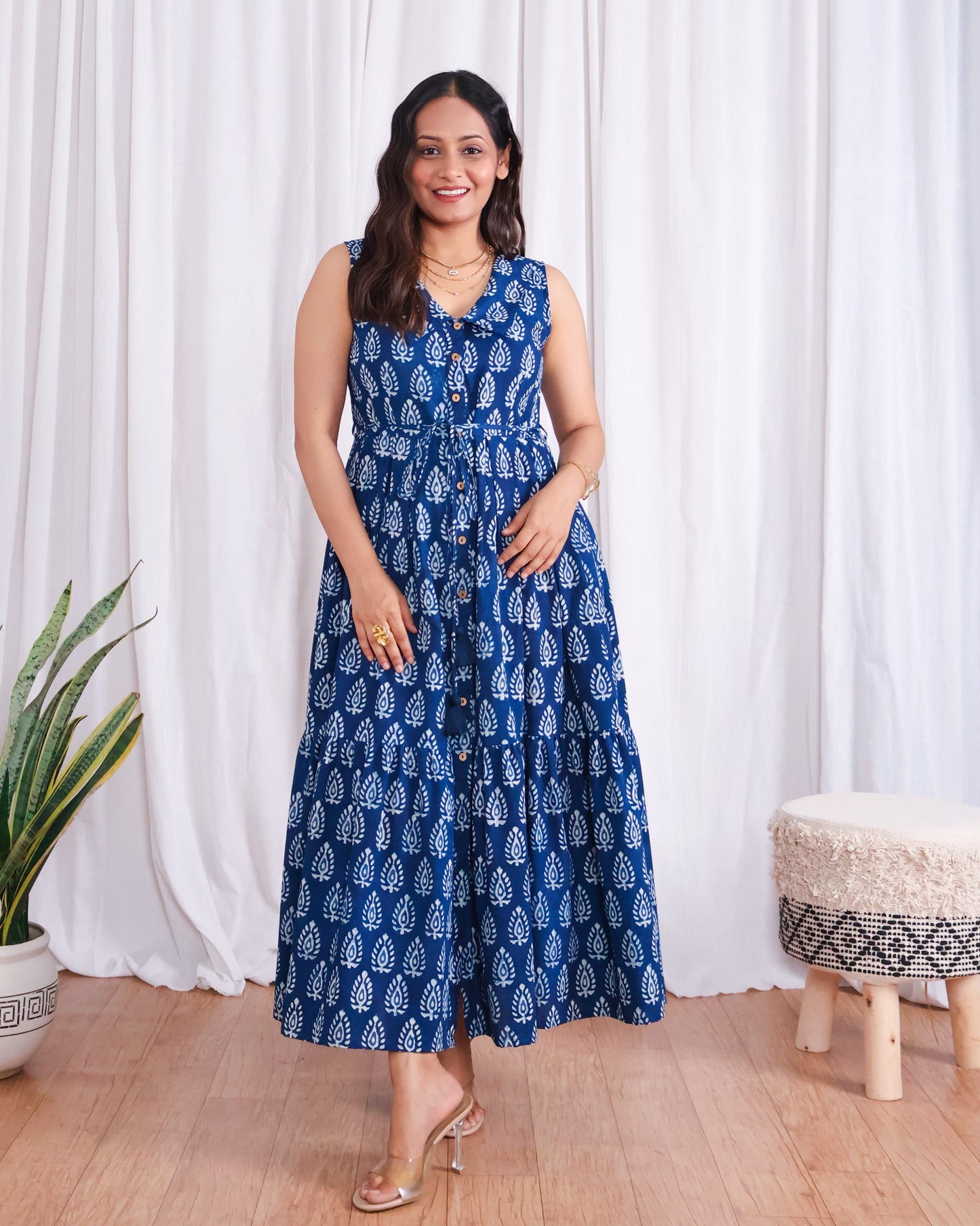 Zoey Indigo HandBlock Dabu Print Tiered Midi Dress