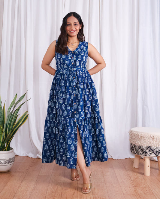 Zoey Indigo HandBlock Dabu Print Tiered Midi Dress