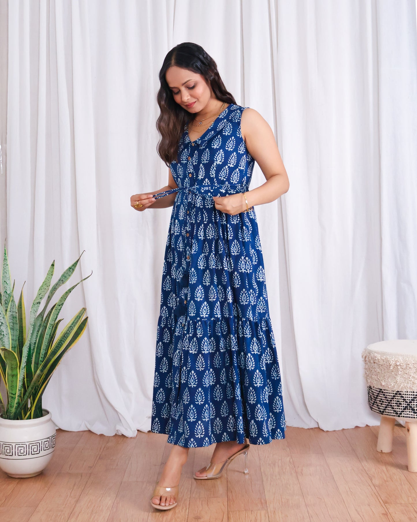 Zoey Indigo HandBlock Dabu Print Tiered Midi Dress