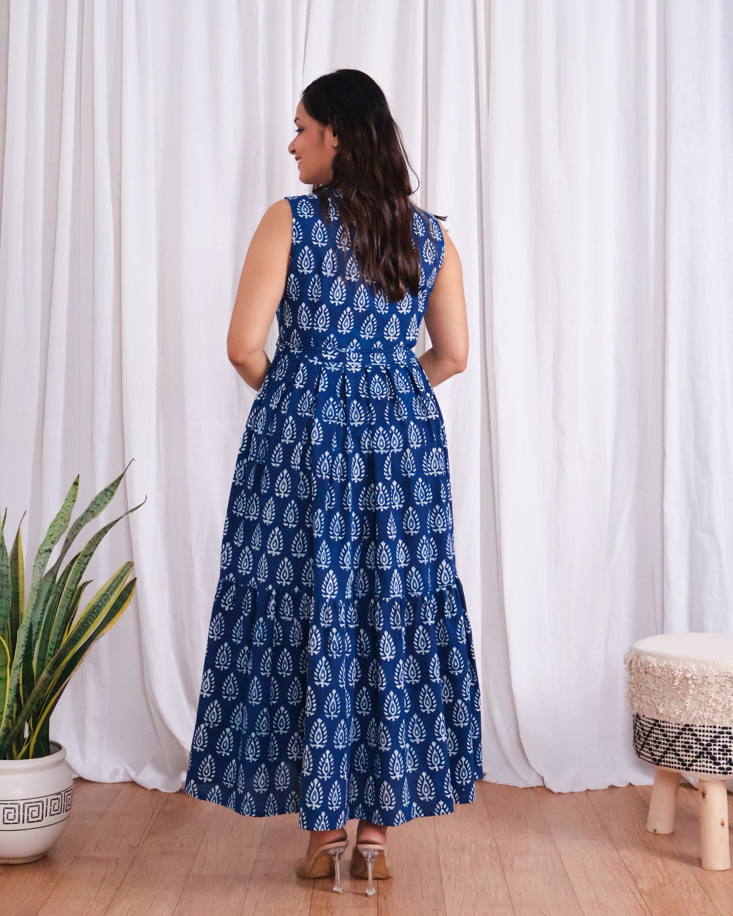 Zoey Indigo HandBlock Dabu Print Tiered Midi Dress
