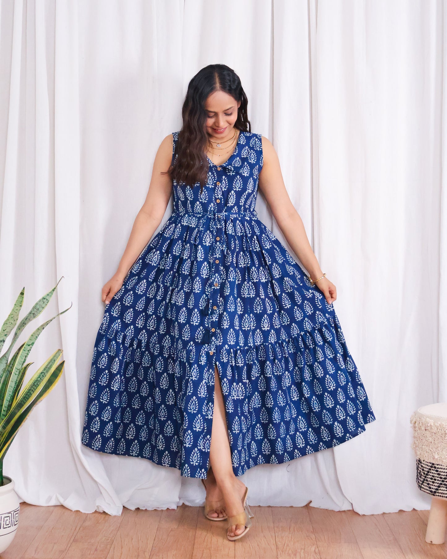 Zoey Indigo HandBlock Dabu Print Tiered Midi Dress