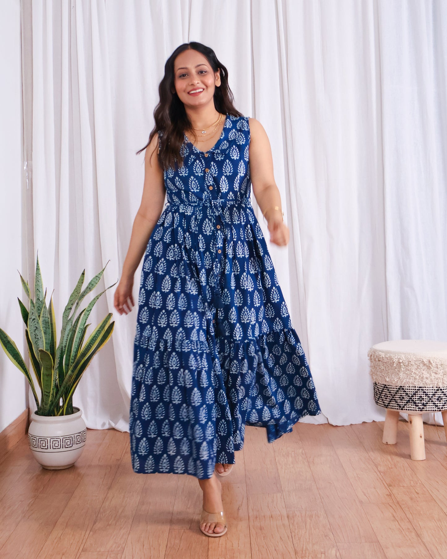 Zoey Indigo HandBlock Dabu Print Tiered Midi Dress