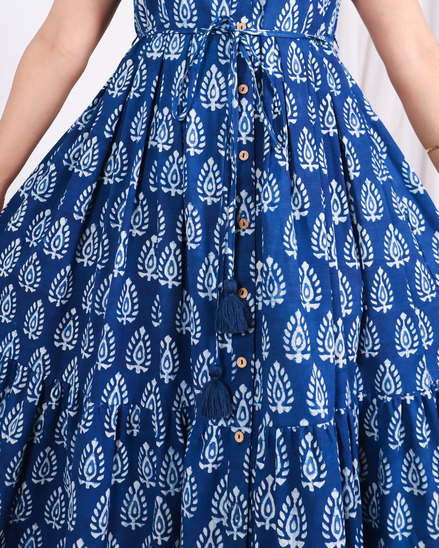 Zoey Indigo HandBlock Dabu Print Tiered Midi Dress