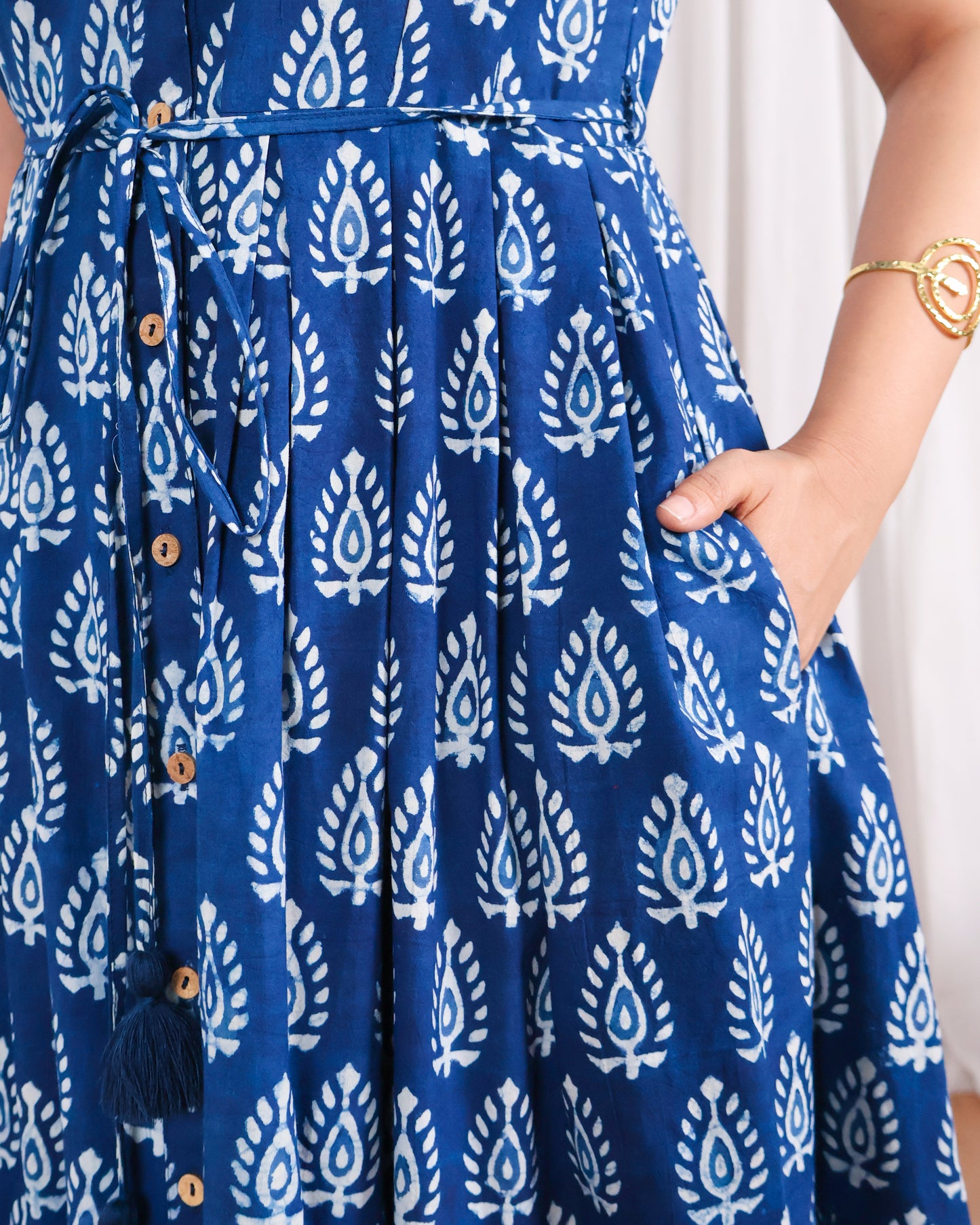 Zoey Indigo HandBlock Dabu Print Tiered Midi Dress