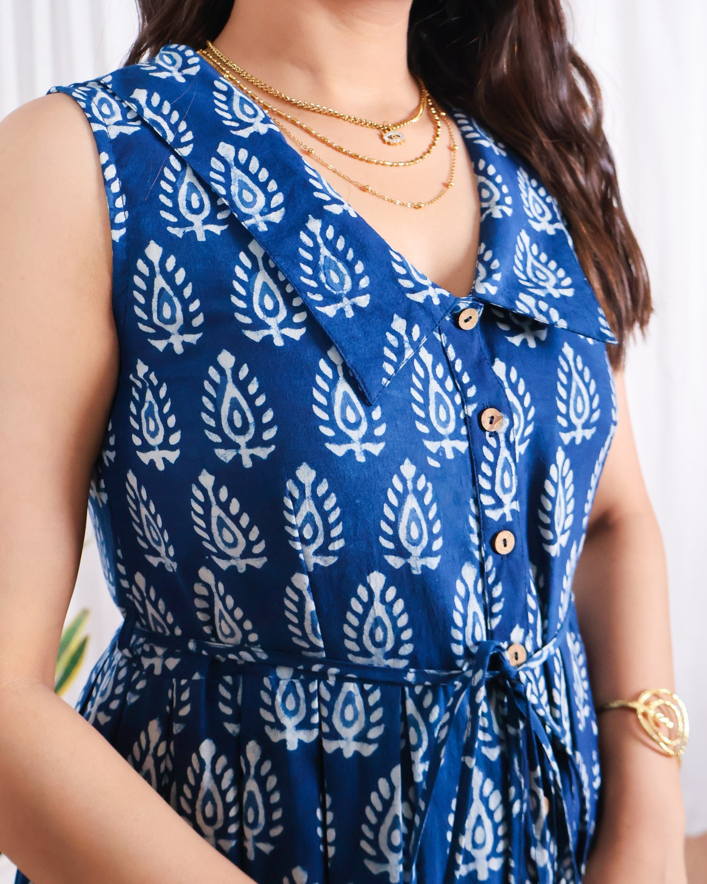 Zoey Indigo HandBlock Dabu Print Tiered Midi Dress