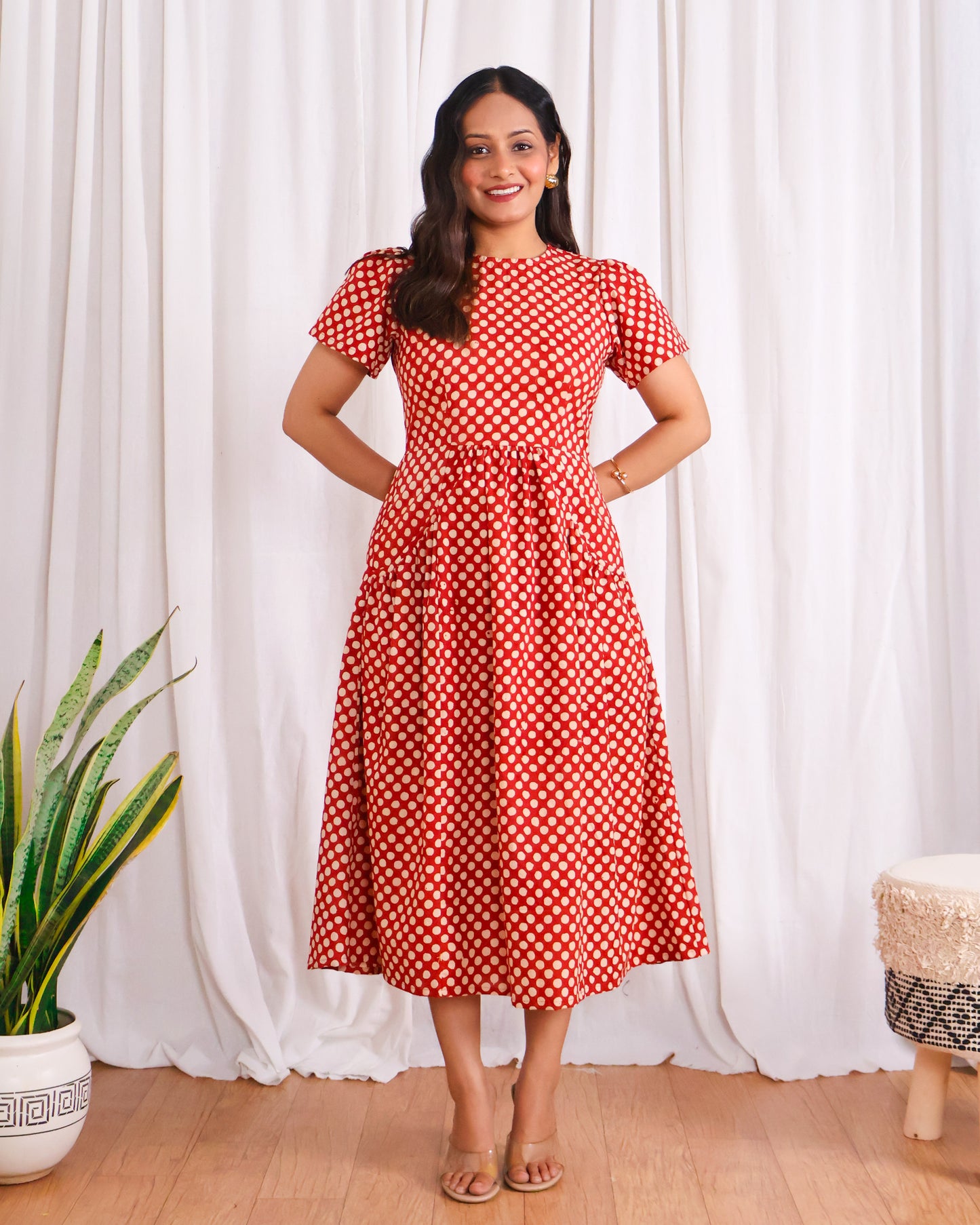 Sarah Red Polka Bagru HandBlock Print Midi Dress