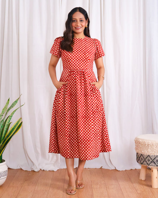 Sarah Red Polka Bagru HandBlock Print Midi Dress